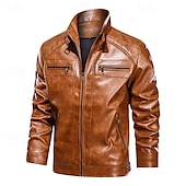 preiswerte Kunstlederjacke-Herren Kunstlederjacke Bikerjacke Rote Lederjacke Motorradjacke Urlaub Täglich Winddicht Warm Tasche Herbst Winter Einfach Mode Klassisch Stehkragen Regulär Schwarz Rote Braun Jacken
