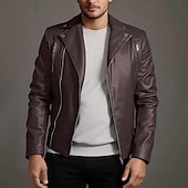 preiswerte Lederjacken-Herren Kunstlederjacke Bikerjacke Motorradjacke Urlaub Täglich Winddicht Warm Tasche Herbst Winter Einfach Mode Klassisch Revers Regulär Schwarz Wein Königliches Blau Braun Jacken