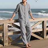 cheap Men&#039;s Tee Sets-Men&#039;s T-shirt Suits Shirt and Pant Sets 2 Pieces Outfits Long Sleeve Hooded Summer Spring Solid Color Fashion Casual Buttons 2 Piece Vacation Daily Wear Going out Black White Yellow Top Tee for Men