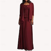 preiswerte Mamas Kleidersets-Kleid-Sets Mutter der Braut Kleid Elegant Einfach Scoop-Ausschnitt Knielang Chiffon Langarm mit einfarbig