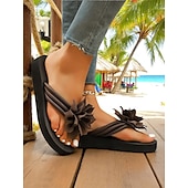 olcso Nyári szandálok-női bézs virágmintás flip-flop papucs párnázott talppal, hétköznapi strandszandál nyári vakációhoz és medence melletti kikapcsolódáshoz