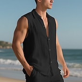 cheap Vacation-Men&#039;s Shirt Linen Shirt Casual Shirt Button Up Shirt Cotton Shirt Plain Vacation Street Black White Yellow Navy Blue Sleeveless Turndown Summer Clothing Apparel Buttons