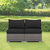 cheap Patio Cushions Cover-2-Piece Patio Armless Sofa Cover Set, Outdoor Sectional Sofa, All-Weather Grey PE Wicker Rattan Conversation Sofa, Outdoor Loveseat, Patio Seating for Balcony Garden Pool