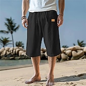 baratos Feriado-Homens Calças Capri Shorts de linho Shorts de verão Shorts de praia Bolsos Com Cordão Cintura elástica Tecido Conforto Respirável Comprimento da panturrilha Férias Feriado Praia Havaiana Boho Preto
