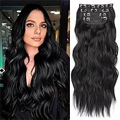 abordables Clip dans les extensions-Extensions de cheveux noirs de jais de 24 pouces à clipser, 4 pièces, extensions de cheveux synthétiques longs et ondulés, extensions de cheveux souples à clipser, postiche à double trame pour toute