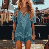 levne Boho šaty-Dámské Mini šaty Střapcové šaty Šaty s potiskem Módní Moderní Dovolená Jdeme ven Víkend Běžný Květiny Krátký rukáv Do V Vodní modrá Léto
