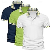 baratos Polo Clássico Masculino-Camisa polo masculina de 3 peças, cor sólida, xadrez, bloco de cores, camisa de golfe, manga curta, lapela, casual, esportiva e ao ar livre, botões, verão, primavera e outono, verde, azul