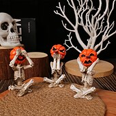 cheap Halloween Hanging &amp; Tabletop Decorations-3pcs/set Halloween Pumpkin Head Skull Resin Figurine, Spooky Home Decor, Horror Doll Scene Prop