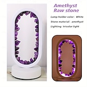 baratos abajur-1 peça de luminária de cabeceira LED clássica com flores de quartzo e ametista natural, pedra bruta, cristal, luz noturna suave para quarto e mesa, alimentada por USB, modos multicoloridos, ideal para