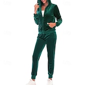 cheap Tracksuits-Women's Tracksuit Sweatpants Hooded Jacket Zipper Pocket Solid Colored Clothing Suit Fall Black Burgundy Velour Gym Workout Sports Windproof Long Sleeve Sport Activewear Micro-elastic Regular Fit