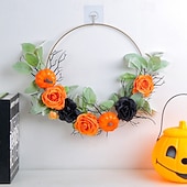 billige Halloween-kranser og blomsterdekorasjoner-Halloween-krans til inngangsdør innendørs utendørs dekorasjon, metallbøyle gresskarrose blomsterkrans, kunstig halloween veggteppe til hjemmevindusutstilling