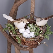 お買い得  彫像-鳥と卵が入った手作りの籐の鳥の巣、結婚式のディスプレイ用の籐の鳥の巣箱の装飾、テーブルのセンターピースや家の装飾用の森風の写真小道具