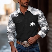 cheap Men&#039;s Western Shirts-Men&#039;s Camouflage Bull Shirt Western Shirt Cowboy Shirt Long Sleeve Vintage Western Style Outdoor Daily WorkWear Fall &amp; Winter Turndown 3D Print Front Two Pockets Button Up Shirts Black White Gray