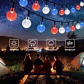 preiswerte Solar Lichterketten-1 Stück 12 m - 100 LED-Perlen, solarbetriebene patriotische Lichterketten für den Außenbereich, wasserdicht, 4. Juli, Unabhängigkeitstag, rot-weiß-blaue Blasenkugel-Lichterkette, Hof, Gartenzaun, Balkon, Party, patriotische Atmosphäre
