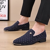 abordables Mocasines-Zapatos sin cordones de ante azul marino para hombre con detalles tachonados y detalles dorados: zapatos sin cordones de lujo para fiestas nocturnas, bodas y reuniones formales.