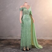 baratos Vestidos de Noite-Vestido Elegante Sereia  Trompete Formal Casamento Comprimento do Chão Sem Mangas Decote Redondo Chiffon com Pérolas Lantejoula