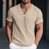 preiswerte Lässiges Henley-T-Shirt-Herren Henley Hemd T-Shirt Kurzarm Einfarbig Einfach Mode Designer Basic Knöpfe V Ausschnitt Urlaub Straße Lässig Sommer Dunkelgrau Weiß Blau Henley T-Shirt