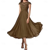 preiswerte Teelänge-A-Linie Brautmutterkleid Elegant Einfach Rundhalsausschnitt Knöchellänge Chiffon Kurzarm mit Falten Einfarbig 2025