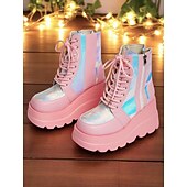 baratos Festa da Vida Noturna-Botas de combate femininas plataforma rosa, botas de cano curto holográficas com cadarço e salto grosso com zíper lateral, estilo de rua ousado para vida noturna e roupas de festa