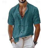 economico Camicie di lino-Per uomo Camicia Camicia di lino Camicia casual Camicia con Bottoni Camicia di cotone Semplice Vacanza Streetwear Nero Bianco Verde chiaro Rosa Manica Corta Collo ripiegato Estate Abbigliamento