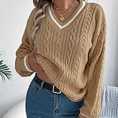 preiswerte Einfarbige Farben-Damen Pullover Lässig Farbblock Gerippt V Ausschnitt Patchwork Gestrickt Langarm Normale Oberteile Stricken Täglich Ferien Ausgehen Weiß Blau Herbst