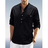 economico Classico-Per uomo Camicia Camicia di lino Camicia con colletto alla coreana Camicia popover Camicia Estiva Abbigliamento da spiaggia Semplice Vacanza Quotidiano Nero Bianco Blu marino Verde Manica Lunga Henley