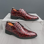 tanie Formalny-czerwone buty wizytowe z nadrukiem w panterkę dla mężczyzn – modne buty sznurowane dla panów podążających za modą, odpowiednie na imprezy i nieformalne wydarzenia