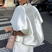 Недорогие Нарядные блузки-Жен. Elegant Нарядный Атласный верх Блуза Рюши Полотняное плетение Стиль Современное Рукав до локтя Рукава буффы Вырез под горло Обычные топы Праздники На выход Белый Осень