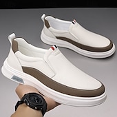 billige Sneakers til herrer-hvite slip-on-sneakers for menn med brune detaljer og komfortabel gummisåle – fritidssko for hverdagsbruk og helgetur