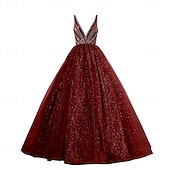 preiswerte Abendkleider-Ballkleid Abendkleid Elegantes Kleid Formale Promenade knöchellang ärmellos V-Ausschnitt Tüll mit Glitzer Pailletten