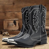 cheap Cowboy &amp; Western Boots-Men&#039;s Black Leather Western Boots with Silver Toe Cap and Decorative Stitching – Stylish Cowboy Boots for Rodeos, Country Events &amp; Casual Wear