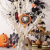 お買い得  ハロウィンの吊るし飾りとテーブルトップ装飾-ハロウィーンのLED木製オーナメント3個、吊り下げ装飾、怖いカボチャとクモのサイン、ハロウィーンの壁の装飾とパーティーの雰囲気に最適