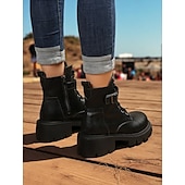 abordables Bottes de combat-Bottines de combat marron à lacets pour femmes avec fermeture éclair latérale et semelle crantée épaisse – bottines d&#039;extérieur élégantes pour l&#039;automne, l&#039;hiver et le streetwear décontracté