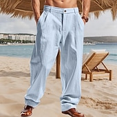 preiswerte Urlaub-Herren Leinenhosen Hose Sommerhose Gerader Schnitt Gestreift Komfort Atmungsaktiv Volle Länge Party Geschäft Strand Urlaub Mode Schwarz Weiß
