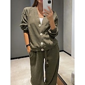cheap Women&#039;s Blouse Suits-Women&#039;s Fashion Streetwear Daily Pants Sets Long Sleeve V Neck Plain Casual Daily Black Army Green Blue Fall Regular Fit