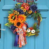 abordables action de grâces et décoration d&#039;automne-Couronne d&#039;automne pour porte d&#039;entrée, Thanksgiving, récolte d&#039;automne, décoration intérieure et extérieure, couronne de vigne artificielle de tournesol bleu, décoration murale pour les fêtes