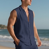 cheap Vacation-Men&#039;s Shirt Linen Shirt Casual Shirt Button Up Shirt Cotton Shirt Plain Vacation Street Black White Yellow Navy Blue Sleeveless Turndown Summer Clothing Apparel Buttons
