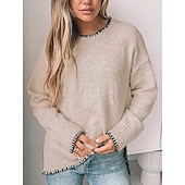 preiswerte Einfarbige Farben-Damen Pullover Lässig Weich Einfarbig Gerippt Rundhalsausschnitt Patchwork Gestrickt Langarm Normale Oberteile Stricken Outdoor Täglich Wochenende Grün Khaki Herbst Winter