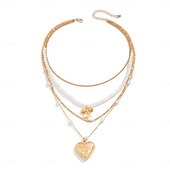 baratos Colares-Colares com Pendentes Pérola Mulheres Elegante Simples Multi Camadas Coração Com Laço Casamento Gotas Formato de coração Colar Para Casamento Festa Aniversário