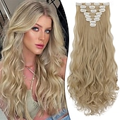 abordables Clip dans les extensions-Extensions de cheveux à clipser 24 pouces 8 pièces mélange noir naturel gris argenté extensions de cheveux synthétiques longs ondulés extensions à clips épais double trame pour femmes