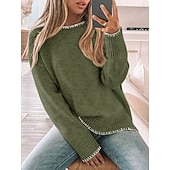 preiswerte Einfarbige Farben-Damen Pullover Lässig Weich Einfarbig Gerippt Rundhalsausschnitt Patchwork Gestrickt Langarm Normale Oberteile Stricken Outdoor Täglich Wochenende Grün Khaki Herbst Winter