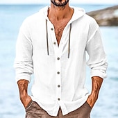 economico Vacanza-Per uomo Camicia Camicia di lino Abbigliamento da spiaggia Camicia con Bottoni Camicia con cappuccio Semplice Vacanza Casuale Nero Bianco Verde Cachi Manica Lunga Con Cappuccio Primavera &amp; Estate