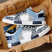 billiga Herrsneakers-Herr blå och vita sportsneakers med mesh-ovandel med andningsbar design, snygg snörning, perfekt för både vardagsaktiviteter och fritidsaktiviteter