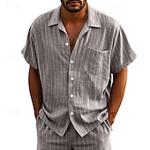 economico Casual da lavoro-Per uomo Camicia Camicia di lino Camicia casual Camicia con Bottoni Camicia di cotone A righe Vacanza Streetwear Nero Bianco Blu marino Cachi Manica Corta Collo ripiegato Estate Abbigliamento