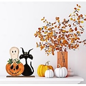 voordelige Halloween Hangende en Tafelversieringen-Halloween houten tafeldecoraties, rustieke pompoen- en spookachtige decoraties op dienbladen, Halloween houten borden voor binnen voor op tafel in de woonkamer op een boerderij