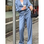 cheap Women&#039;s Blouse Suits-Women&#039;s Fashion Streetwear Daily Pants Sets Long Sleeve V Neck Plain Casual Daily Black Army Green Blue Fall Regular Fit