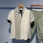 preiswerte Heim-Herren Hemd Leinenhemd Popover-Hemd Freizeithemd Baumwollhemd Farbblock Urlaub Straße Aprikose Grau Kurzarm Umlegekragen Sommer Bekleidung Patchwork