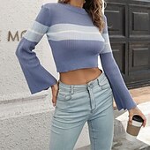 preiswerte Grafische Muster und Details-Damen Pullover Lässig Farbblock Grobstrick Rundhalsausschnitt Gestrickt Langarm Crop Tops Stricken Täglich Ferien Ausgehen Wein Armeegrün Herbst Winter