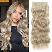 economico Clip nelle estensioni-Extension per capelli, 4 pezzi, extension con clip, 20 pollici, biondo spiaggia, lunghe, ondulate, naturali, morbide, sintetiche, per donna