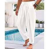 cheap Holiday-Men&#039;s Linen Pants Summer Pants Beach Pants Harem Pants Pocket Elastic Waist Drawstring Plain Comfort Breathable Calf-Length Vacation Daily Holiday Hawaiian Boho Black White